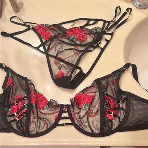 Embroidered Black and Red Lingerie Set